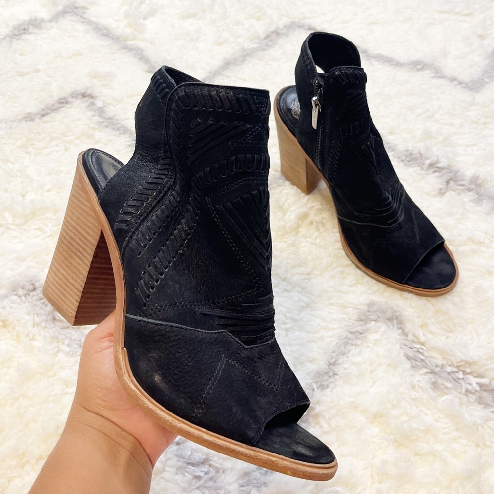 Vince Camuto Karinta Black Suede Booties Heels Open Toe Shoes size 11